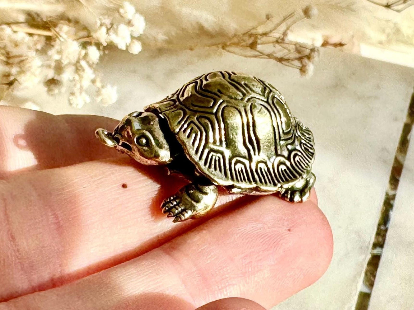Unique Style Solid Brass Cute Turtle Charm or Keyring with Movable Head and Legs – Realistic Miniature Tortoise Figurine