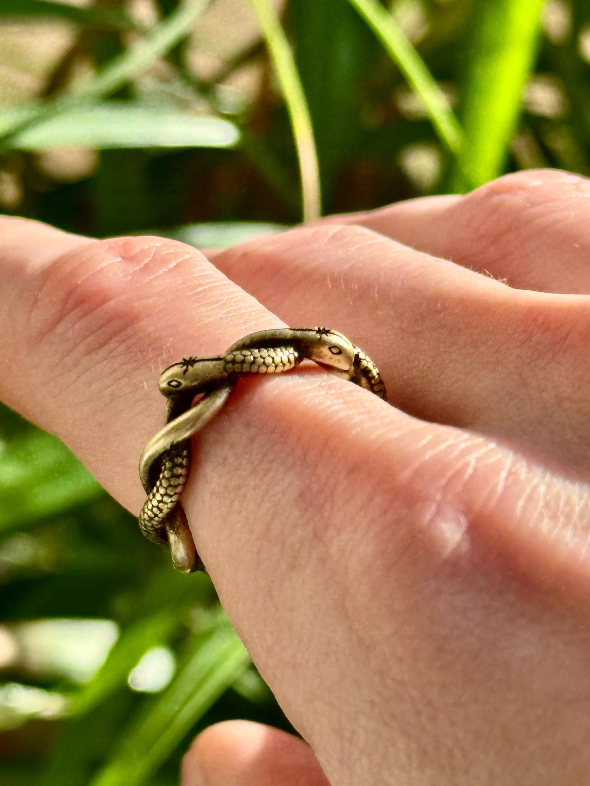 Solid brass twin snake ring, adjustable serpent wrap ring, ouroboros reptile jewelry, mystical brass snake band