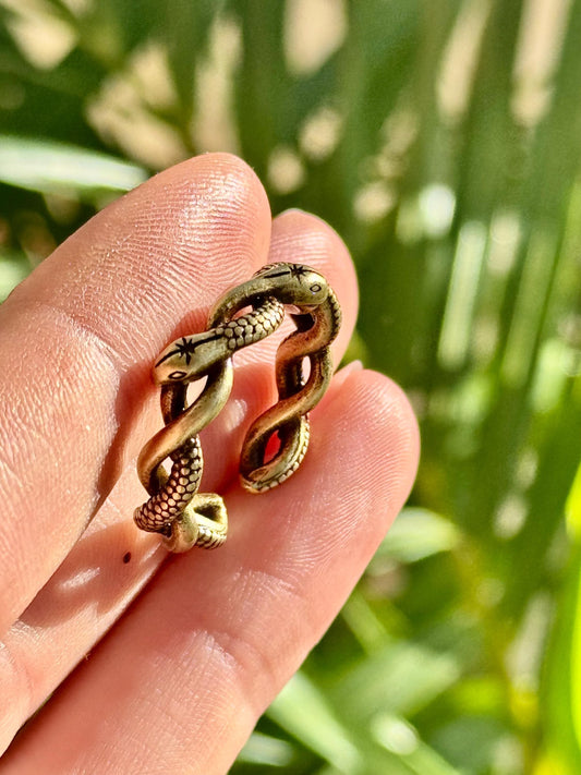 Solid brass twin snake ring, adjustable serpent wrap ring, ouroboros reptile jewelry, mystical brass snake band