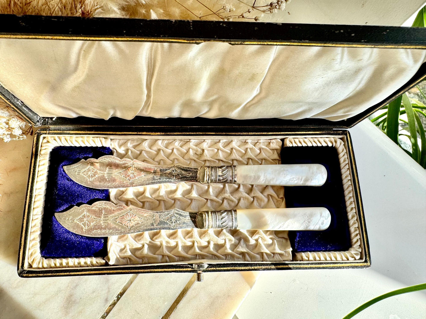 Antique Victorian Mother-of-Pearl Handled Fish Serving Set in Original Box