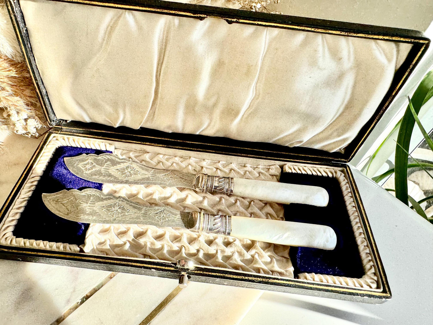 Antique Victorian Mother-of-Pearl Handled Fish Serving Set in Original Box