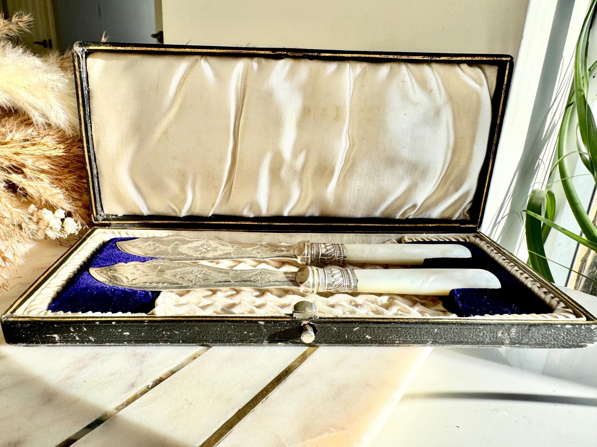 Antique Victorian Mother-of-Pearl Handled Fish Serving Set in Original Box