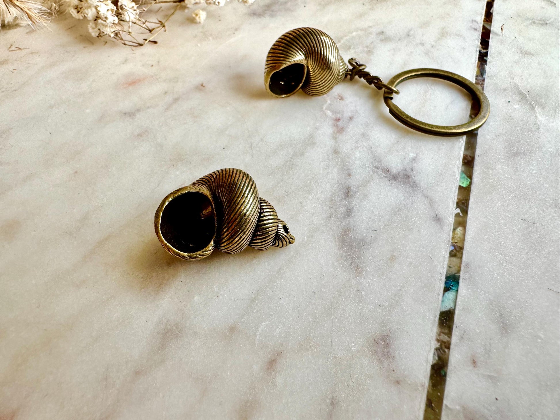 Solid Brass Spiral Seashell Charm or Nautical Keyring with Patina - Coastal Style Accessory, Sealover Collectible