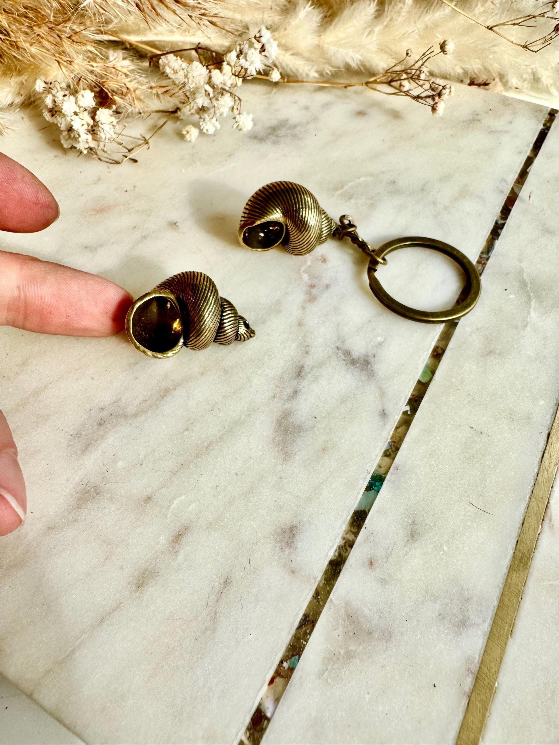 Solid Brass Spiral Seashell Charm or Nautical Keyring with Patina - Coastal Style Accessory, Sealover Collectible