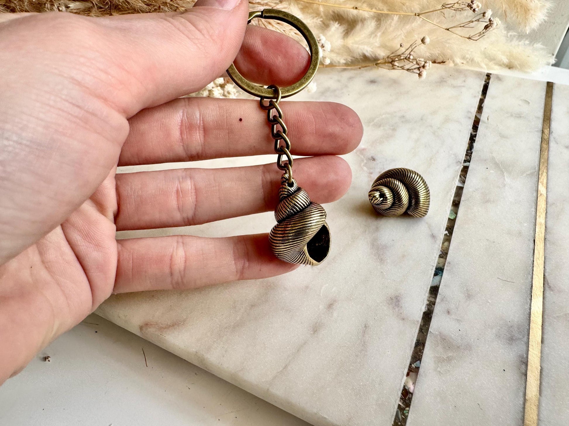 Solid Brass Spiral Seashell Charm or Nautical Keyring with Patina - Coastal Style Accessory, Sealover Collectible