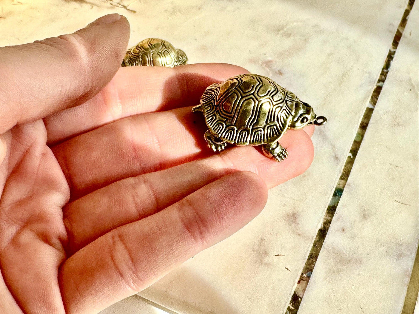 Unique Style Solid Brass Cute Turtle Charm or Keyring with Movable Head and Legs – Realistic Miniature Tortoise Figurine