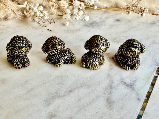 Set of Four Brass Poodle Dog Figurines, Miniature Curly-Haired Puppy Collectibles, Detailed Animal Sculptures, Dog Lover Gift