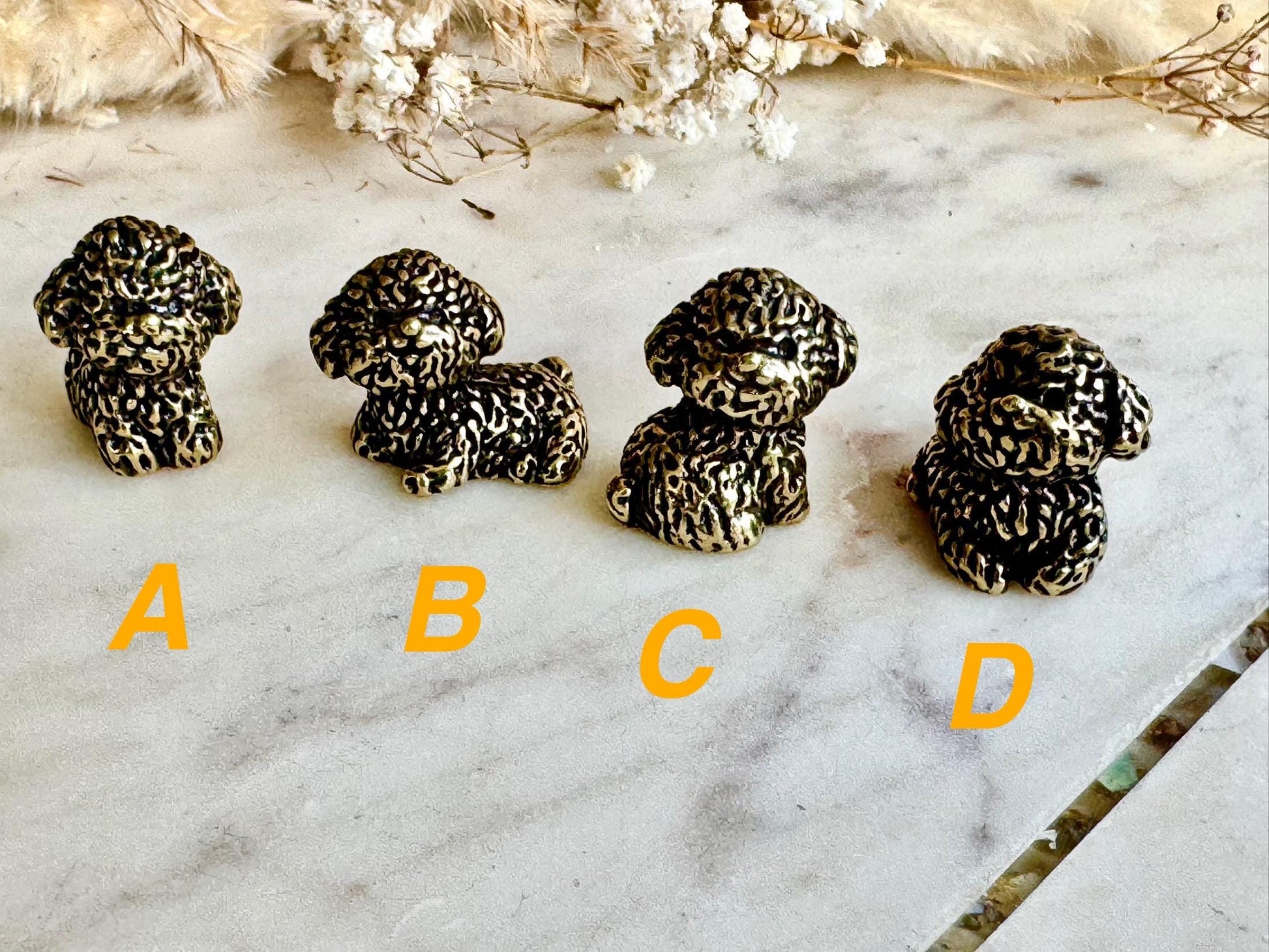 Set of Four Brass Poodle Dog Figurines, Miniature Curly-Haired Puppy Collectibles, Detailed Animal Sculptures, Dog Lover Gift