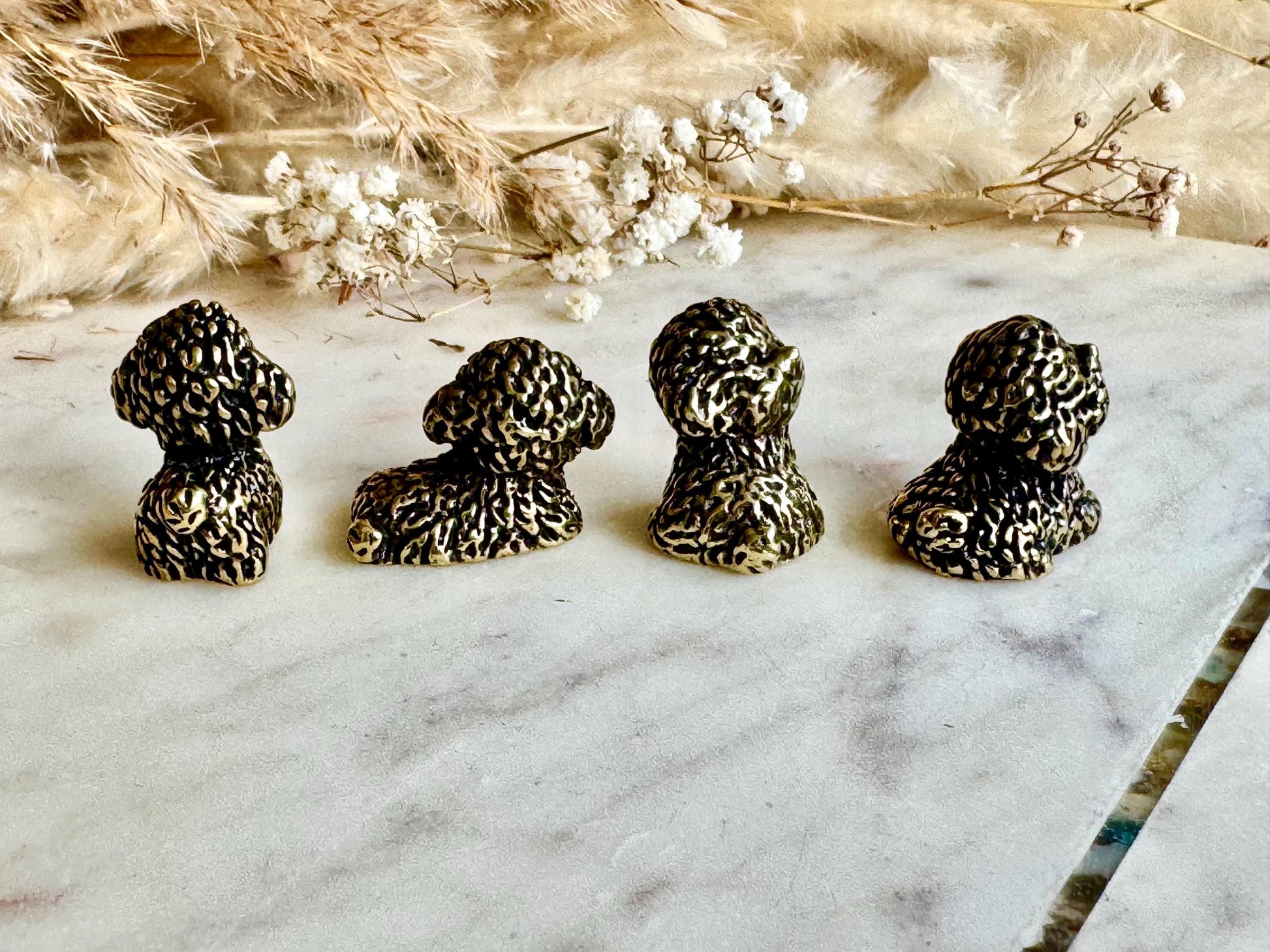 Set of Four Brass Poodle Dog Figurines, Miniature Curly-Haired Puppy Collectibles, Detailed Animal Sculptures, Dog Lover Gift