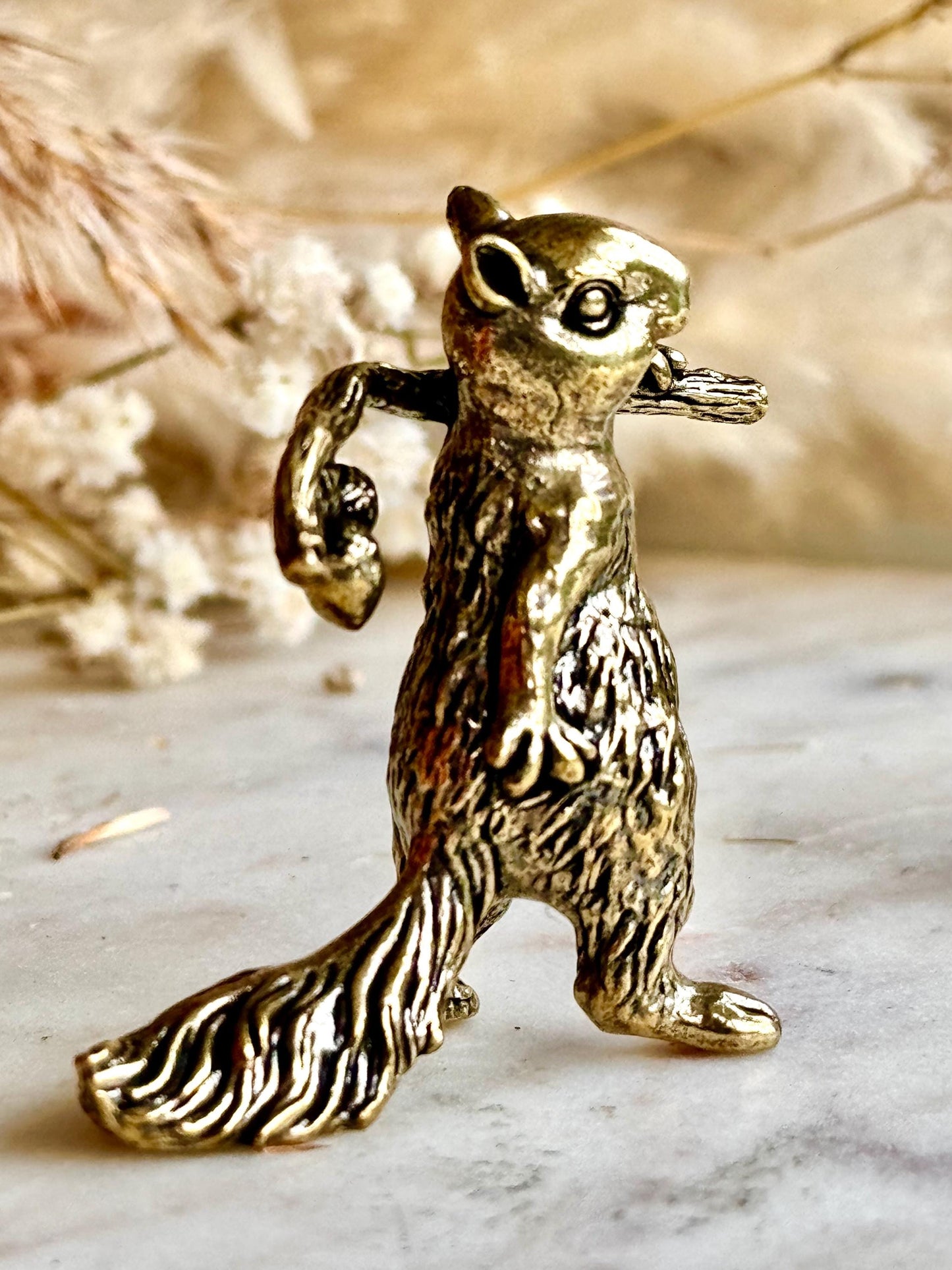 Solid brass figurine squirrel holding acorn, collectible brass ornament, beautiful decoration for tabletop