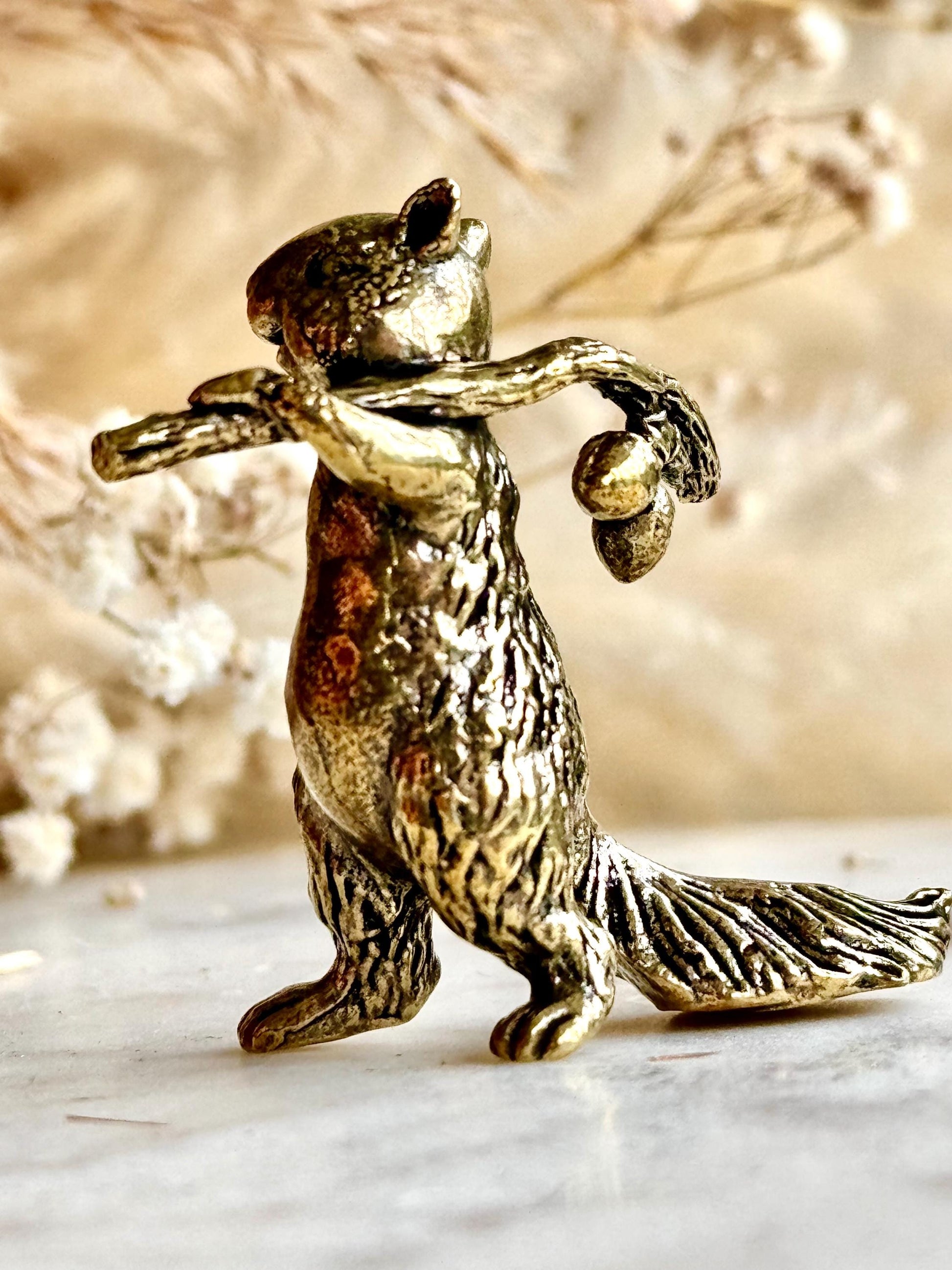 Solid brass figurine squirrel holding acorn, collectible brass ornament, beautiful decoration for tabletop