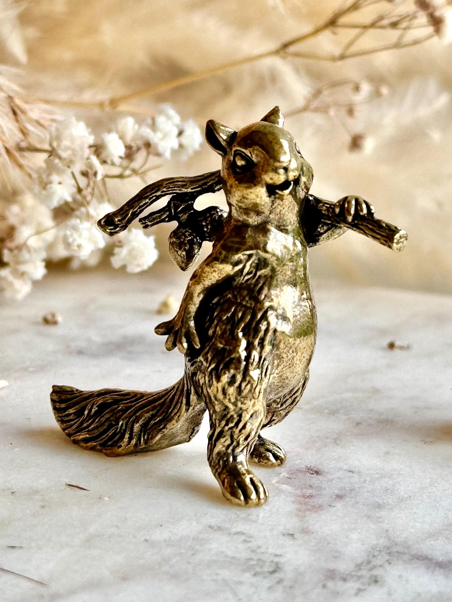 Solid brass figurine squirrel holding acorn, collectible brass ornament, beautiful decoration for tabletop