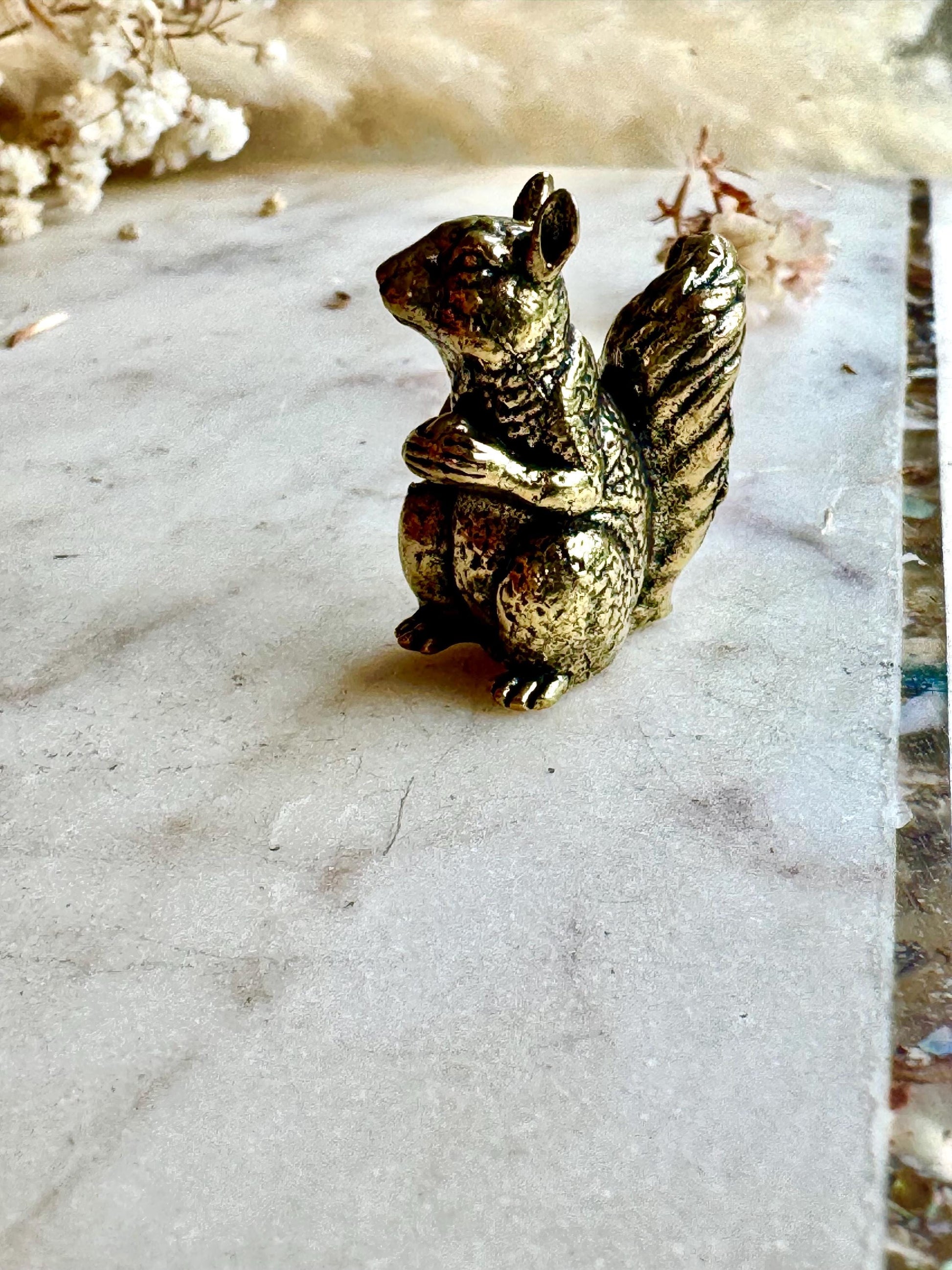Solid brass figurine squirrel holding acorn, collectible brass ornament, beautiful decoration for tabletop