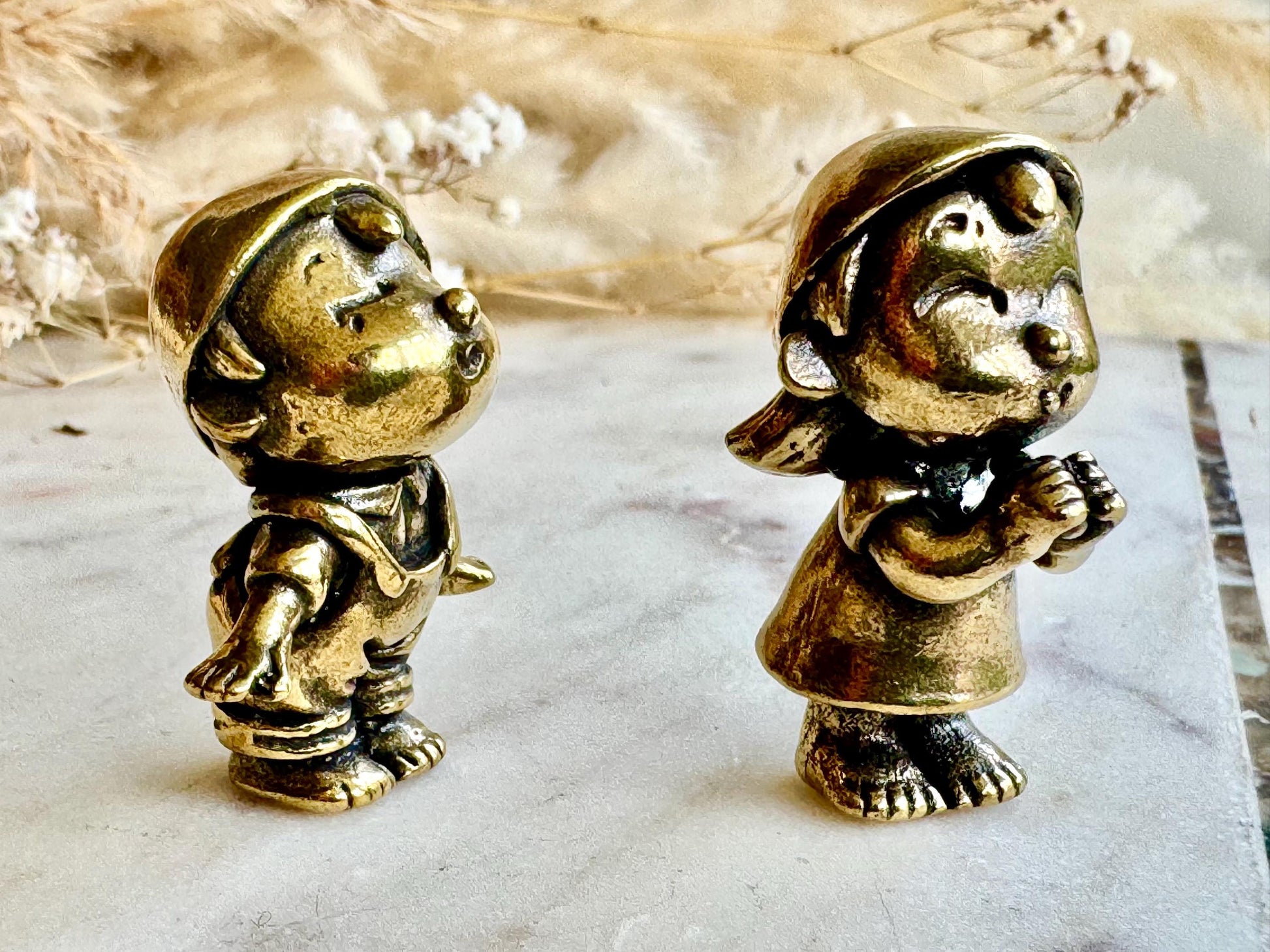 Romantic Brass Figurines First Kiss, Set of Two Miniature Brass Statues, Cute Boy and Girl Figurines, Sweet Couple Sculpture