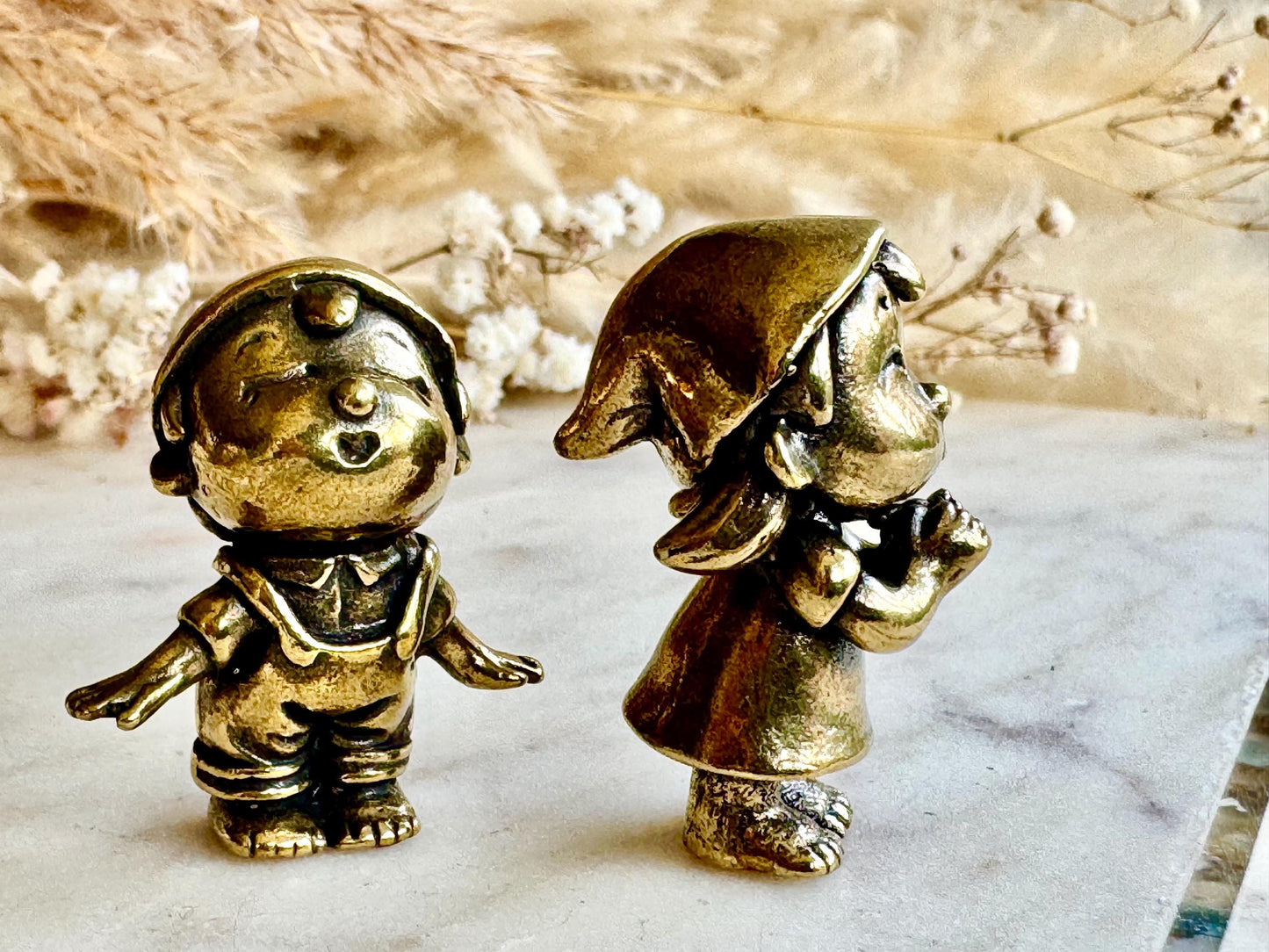 Romantic Brass Figurines First Kiss, Set of Two Miniature Brass Statues, Cute Boy and Girl Figurines, Sweet Couple Sculpture