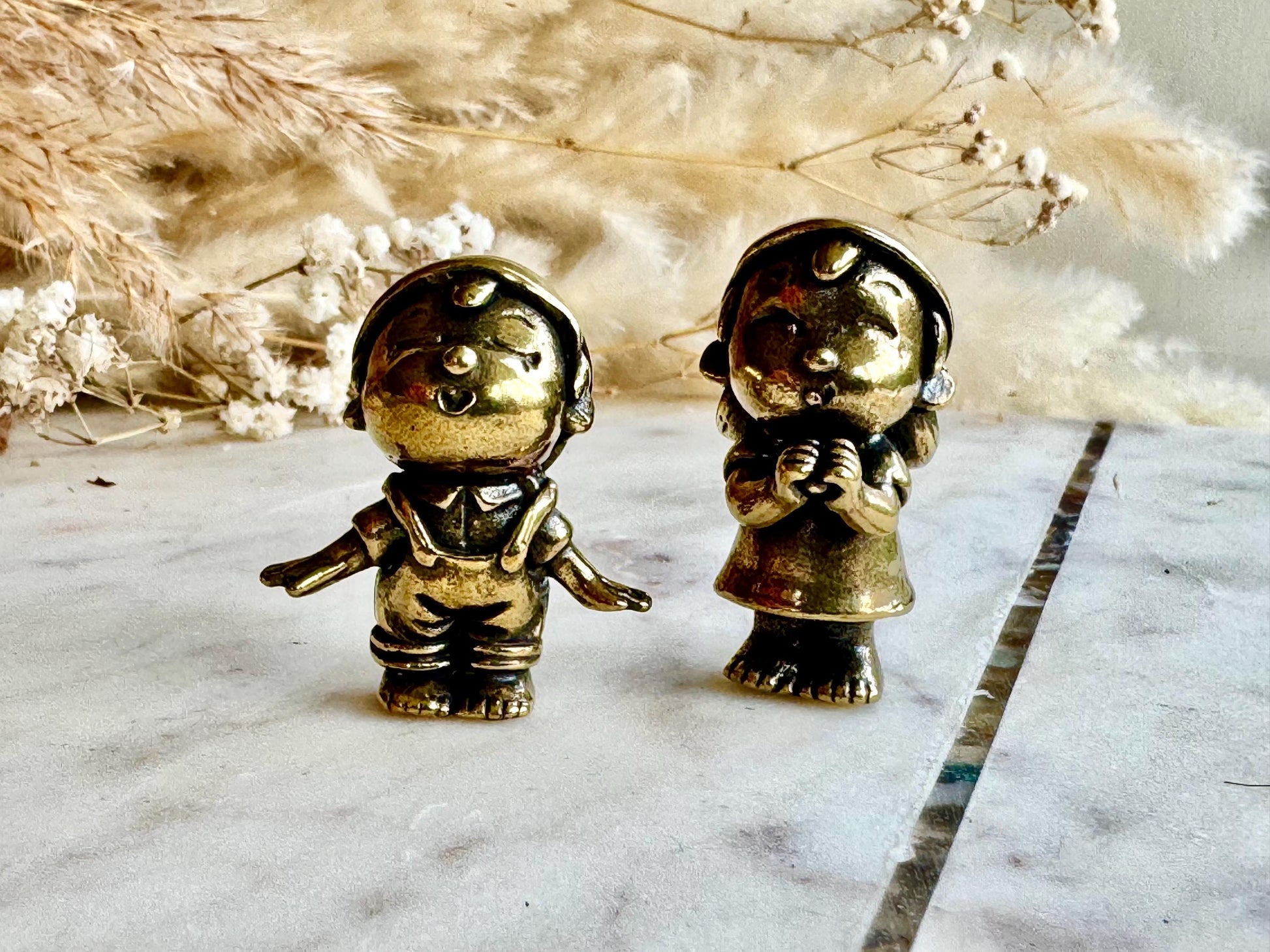 Romantic Brass Figurines First Kiss, Set of Two Miniature Brass Statues, Cute Boy and Girl Figurines, Sweet Couple Sculpture
