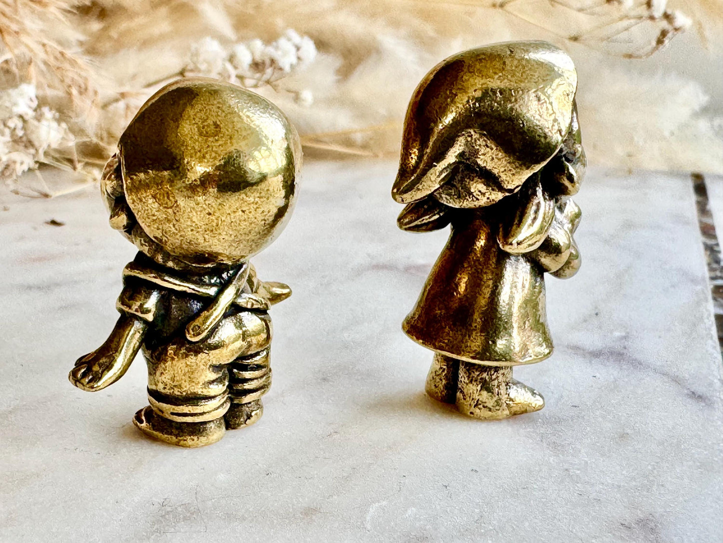 Romantic Brass Figurines First Kiss, Set of Two Miniature Brass Statues, Cute Boy and Girl Figurines, Sweet Couple Sculpture