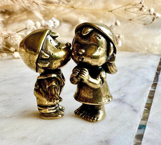 Romantic Brass Figurines First Kiss, Set of Two Miniature Brass Statues, Cute Boy and Girl Figurines, Sweet Couple Sculpture