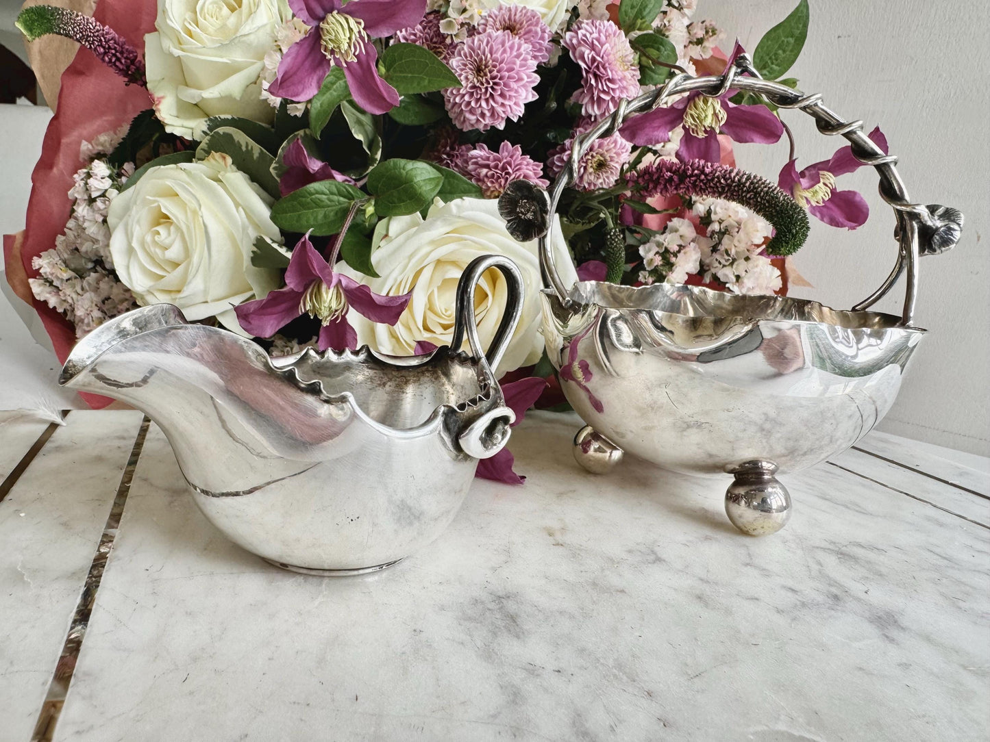 Antique Silver Plated Creamer and Sugar Bowl Set – Art Nouveau Floral Design, James Deakin and Sons