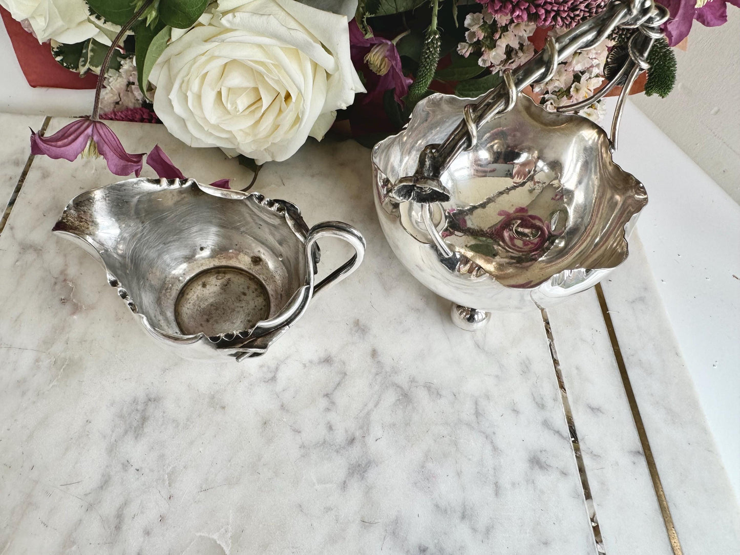 Antique Silver Plated Creamer and Sugar Bowl Set – Art Nouveau Floral Design, James Deakin and Sons