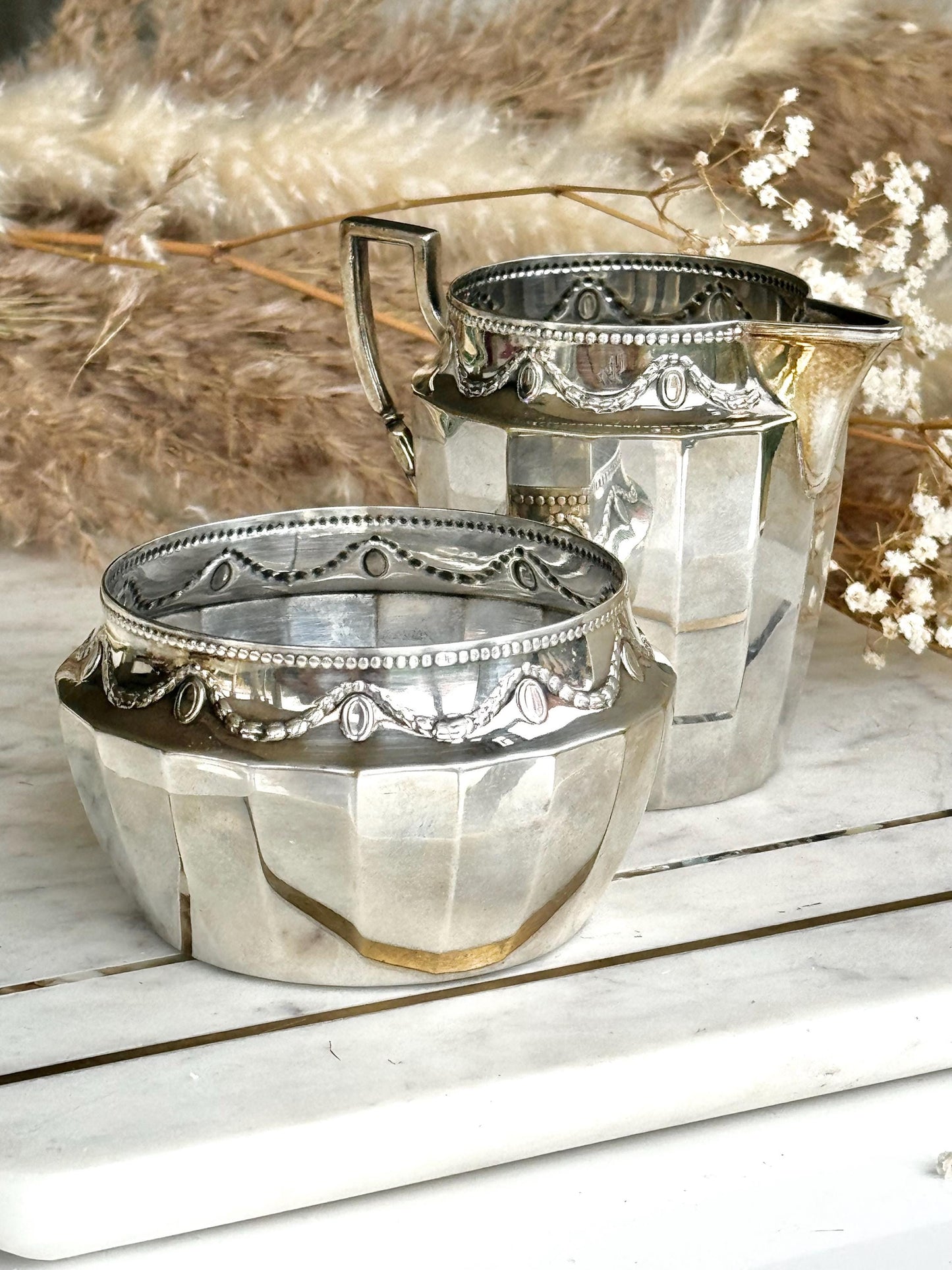 Antique English Silver Plated Sugar Bowl and Cream Jug by Walker & Hall