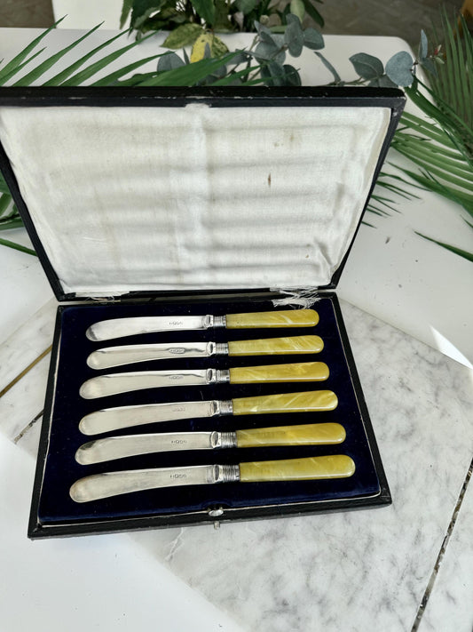 Antique LB EP Silver Plated Dessert Knives Set with Bakelite Handles – England, Early 20th Century
