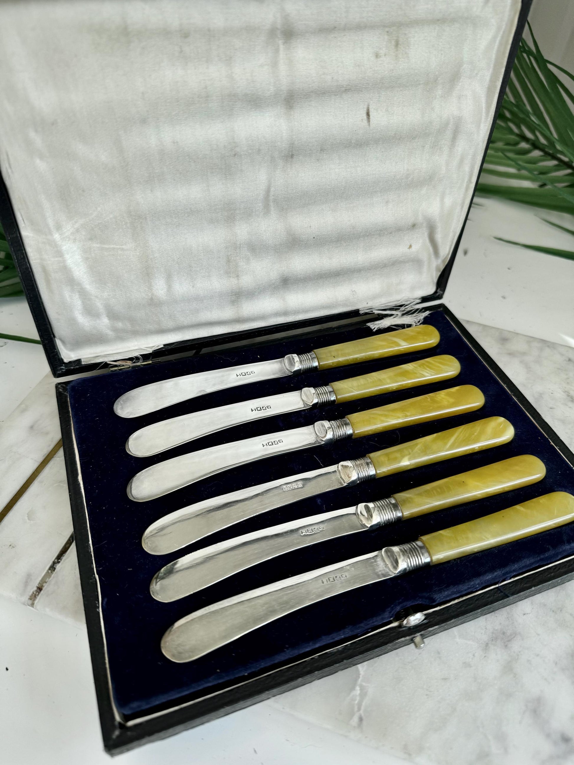 Antique LB EP Silver Plated Dessert Knives Set with Bakelite Handles – England, Early 20th Century