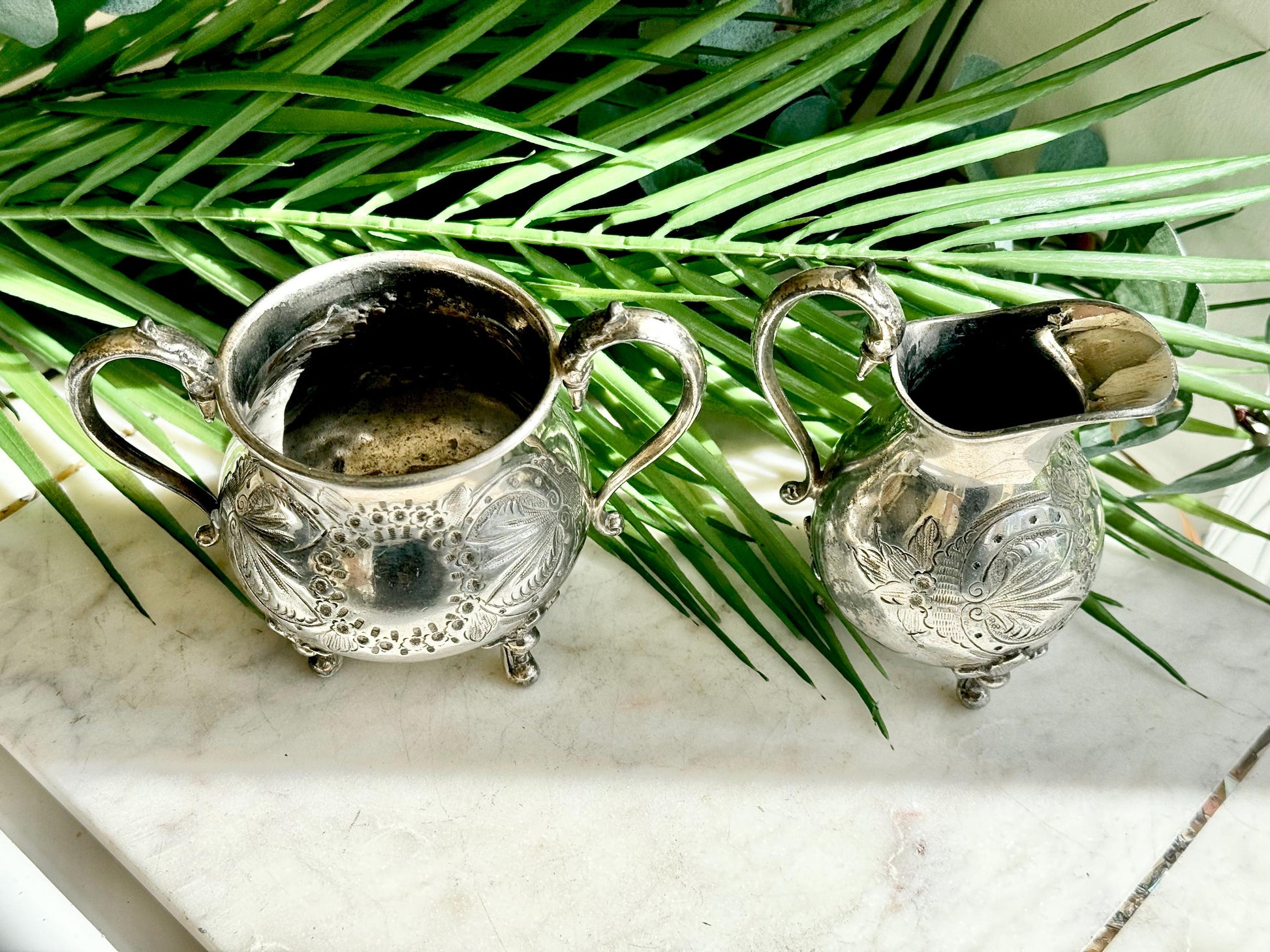 Antique Victorian Silver-Plated Milk Jug and Sugar Bowl – Ornate Repoussé Floral Design, Footed, British Silverware (c. 19th Century)
