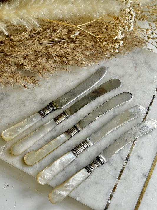 English Set of Five Vintage Mother of Pearl Handled Butter Knives – Mixed Designs