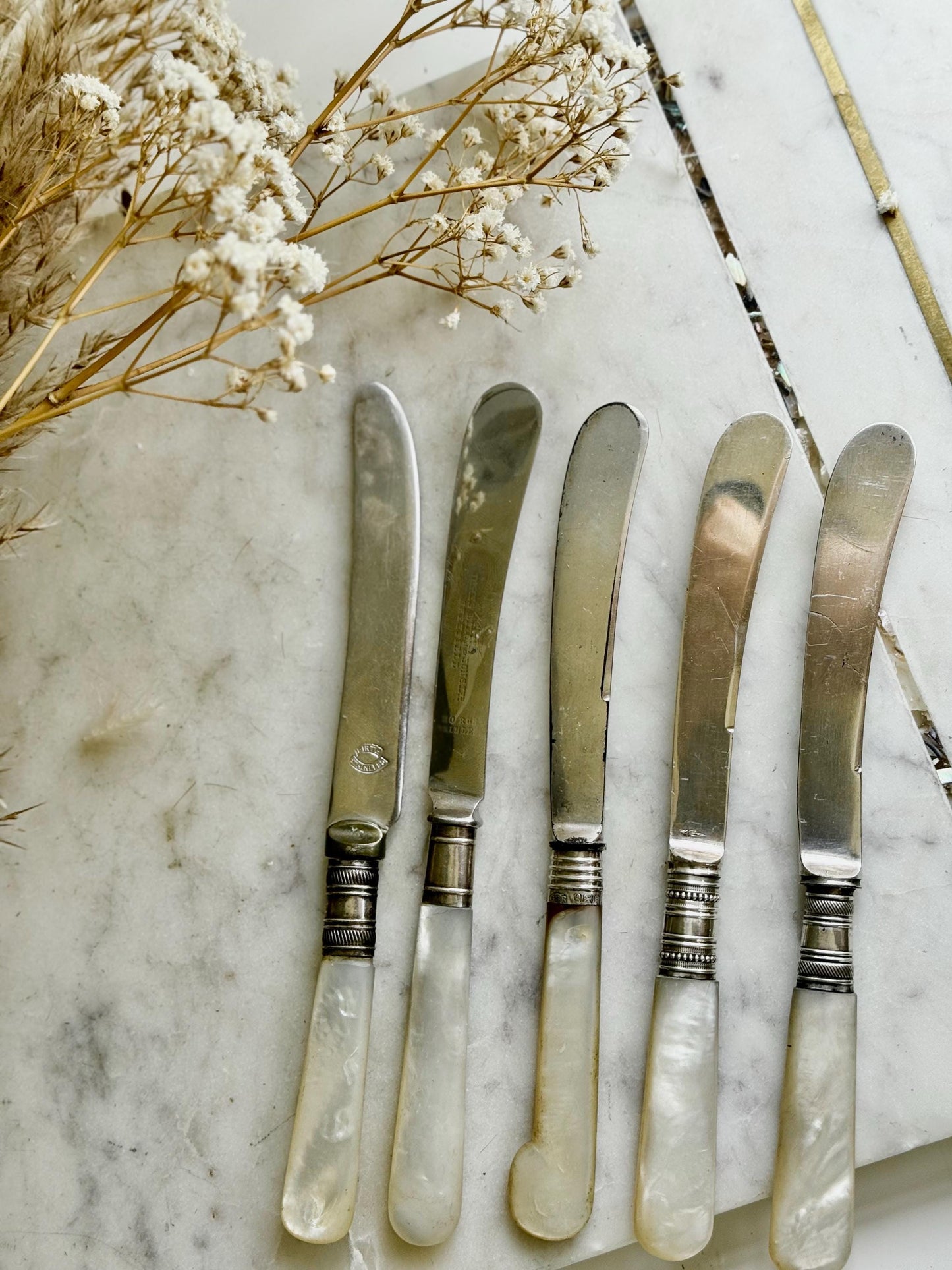 English Set of Five Vintage Mother of Pearl Handled Butter Knives – Mixed Designs