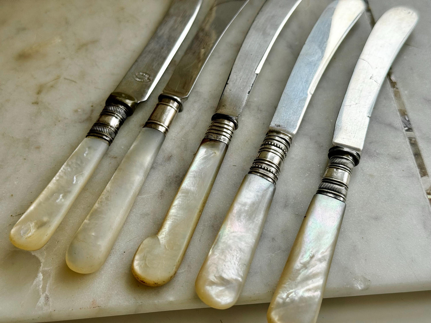 English Set of Five Vintage Mother of Pearl Handled Butter Knives – Mixed Designs