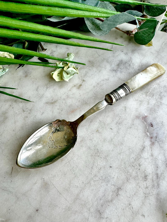 Antique Silver-Plated Preserve Spoon with Mother-of-Pearl Handle Elegant Vintage, Ornate Collectible Cutlery, Timeless Table