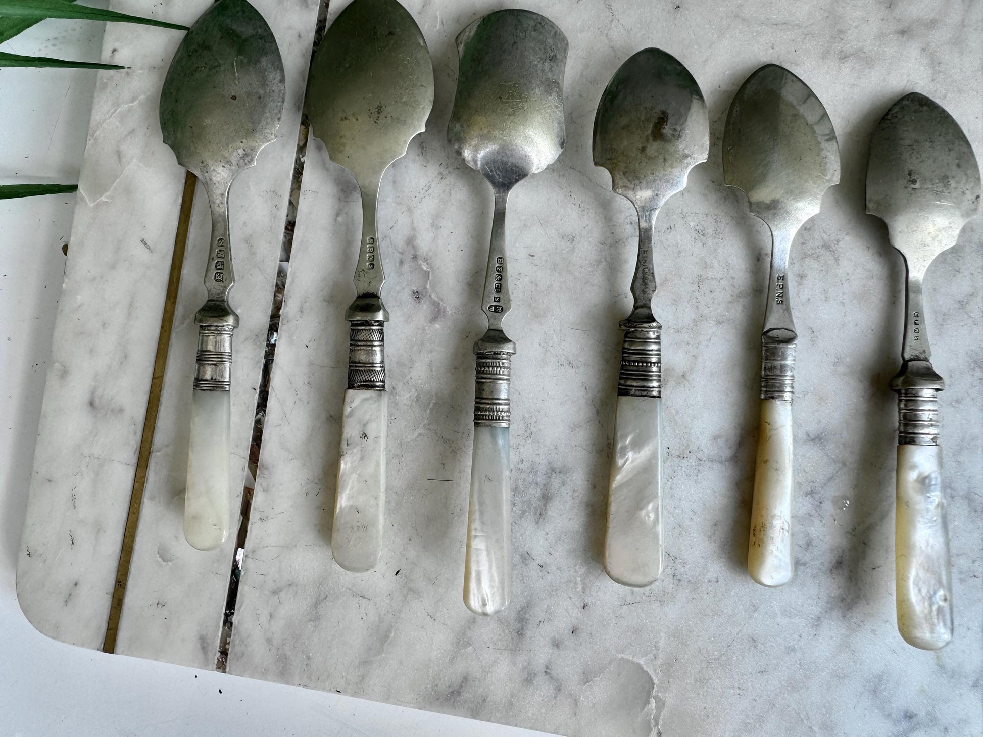 Set of Six Antique English Silver-Plated and Sterling Silver Dessert Spoons with Mother-of-Pearl Handles, Timeless Tableware