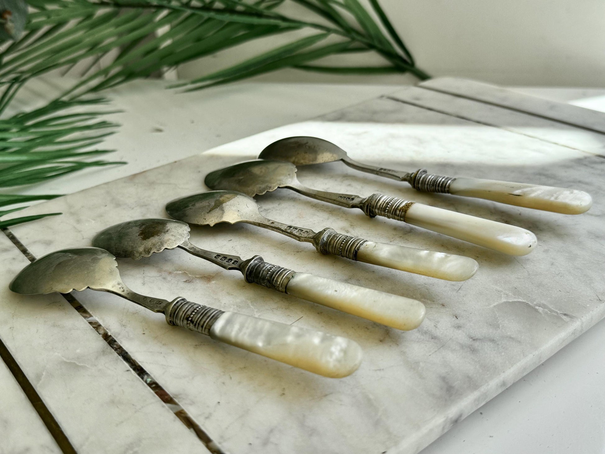 Set of Six Antique English Silver-Plated and Sterling Silver Dessert Spoons with Mother-of-Pearl Handles, Timeless Tableware