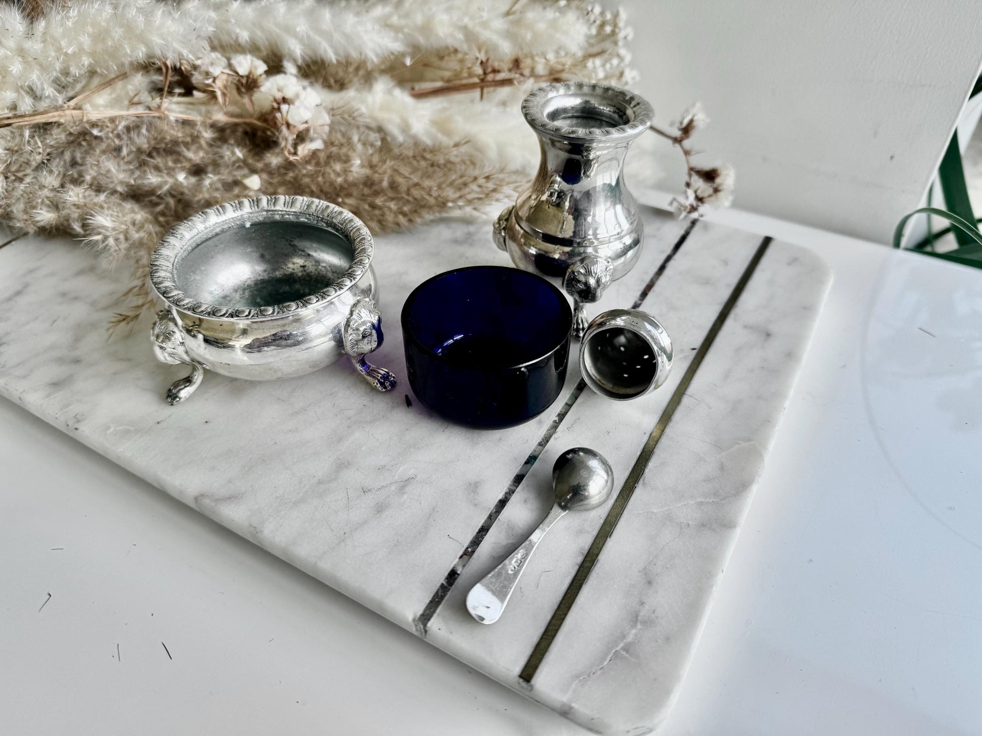 Antique Victorian Silver-Plated Salt Cellar with Cobalt Glass Liner and Matching Ornate Pepper Shaker on Lion Paw Feet Henry Wilkinson & Co