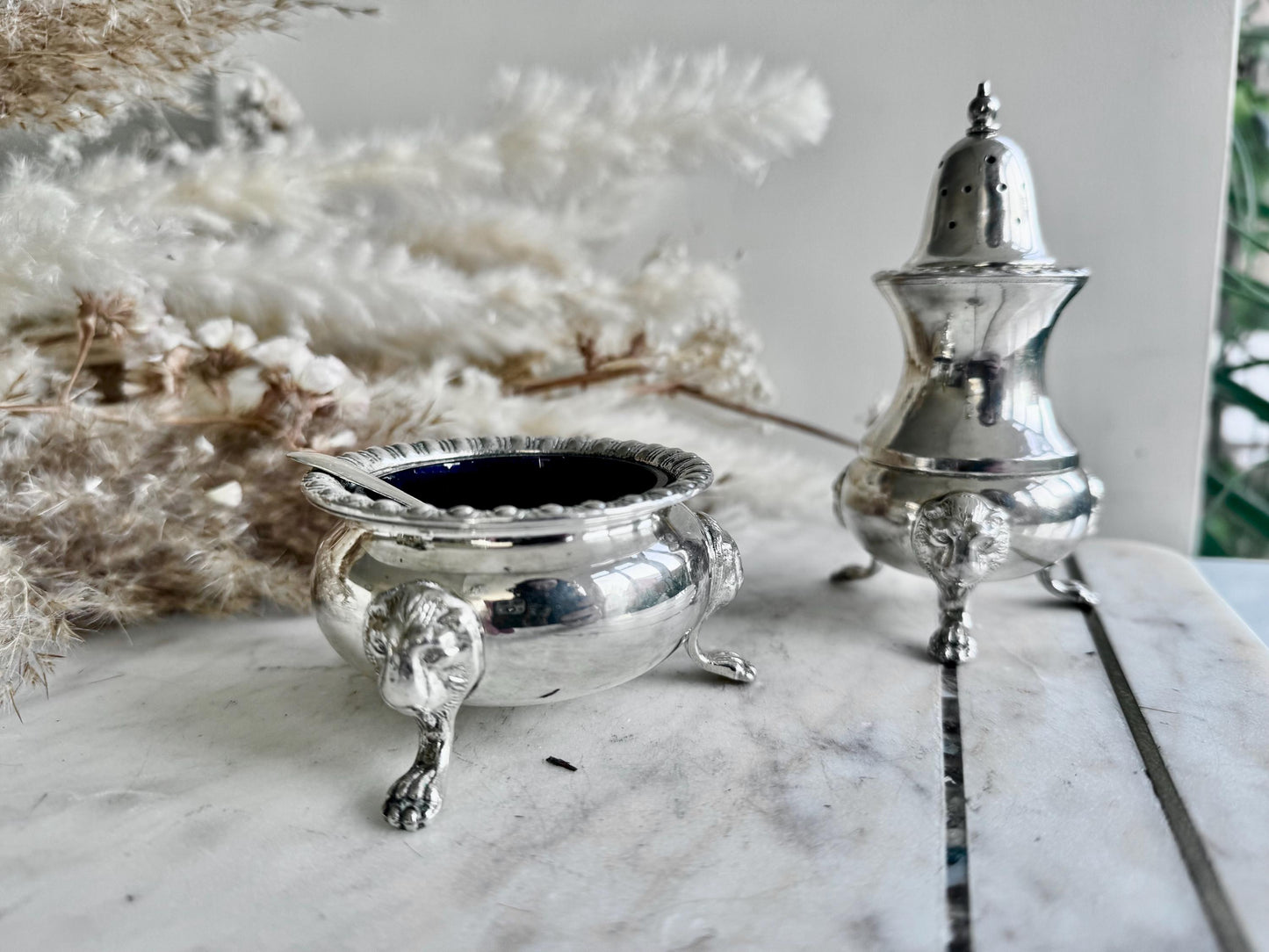 Antique Victorian Silver-Plated Salt Cellar with Cobalt Glass Liner and Matching Ornate Pepper Shaker on Lion Paw Feet Henry Wilkinson & Co