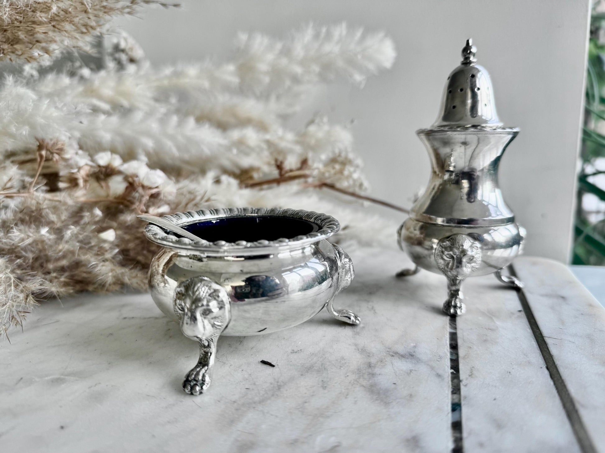 Antique Victorian Silver-Plated Salt Cellar with Cobalt Glass Liner and Matching Ornate Pepper Shaker on Lion Paw Feet Henry Wilkinson & Co