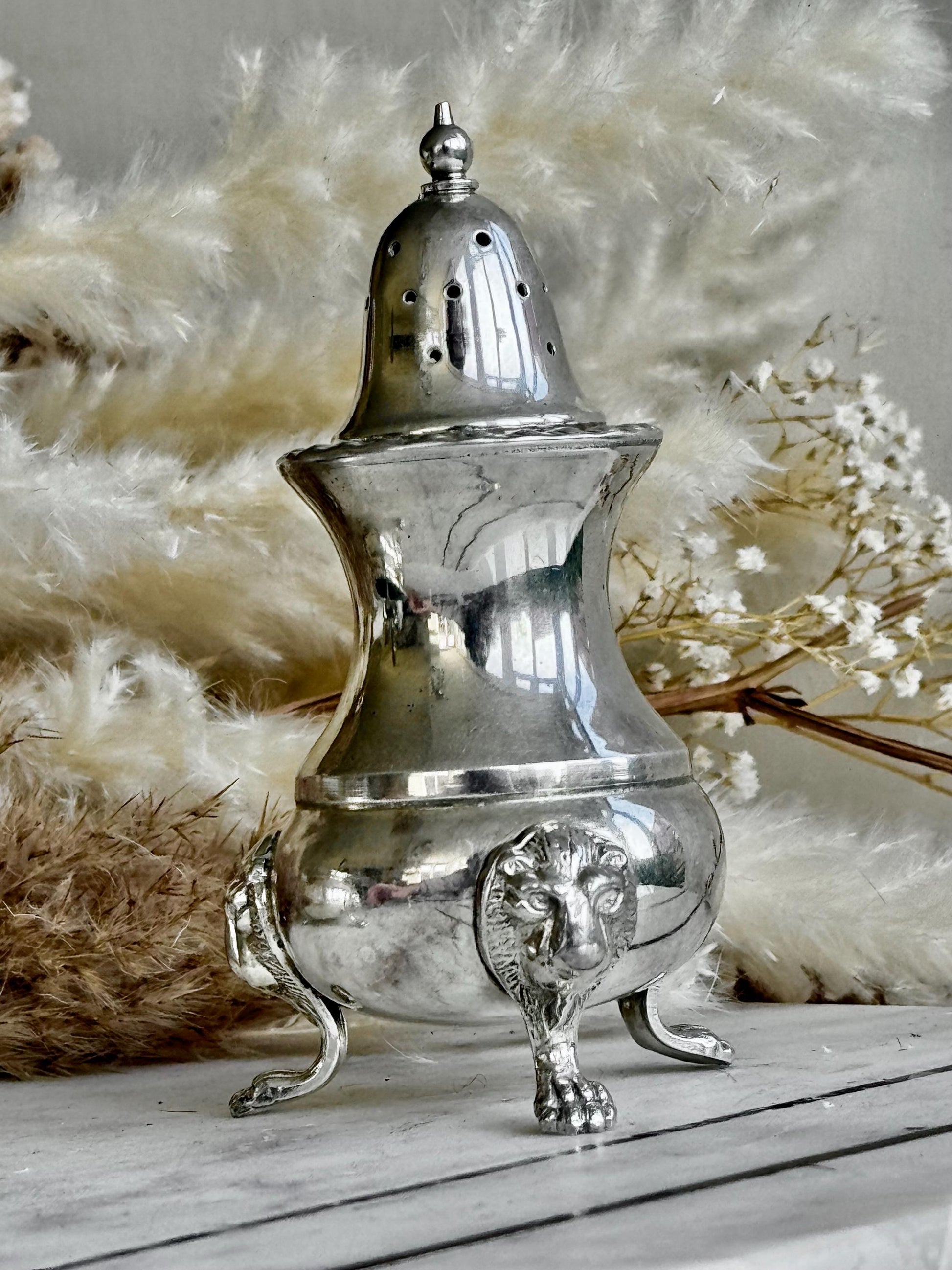 Antique Victorian Silver-Plated Salt Cellar with Cobalt Glass Liner and Matching Ornate Pepper Shaker on Lion Paw Feet Henry Wilkinson & Co
