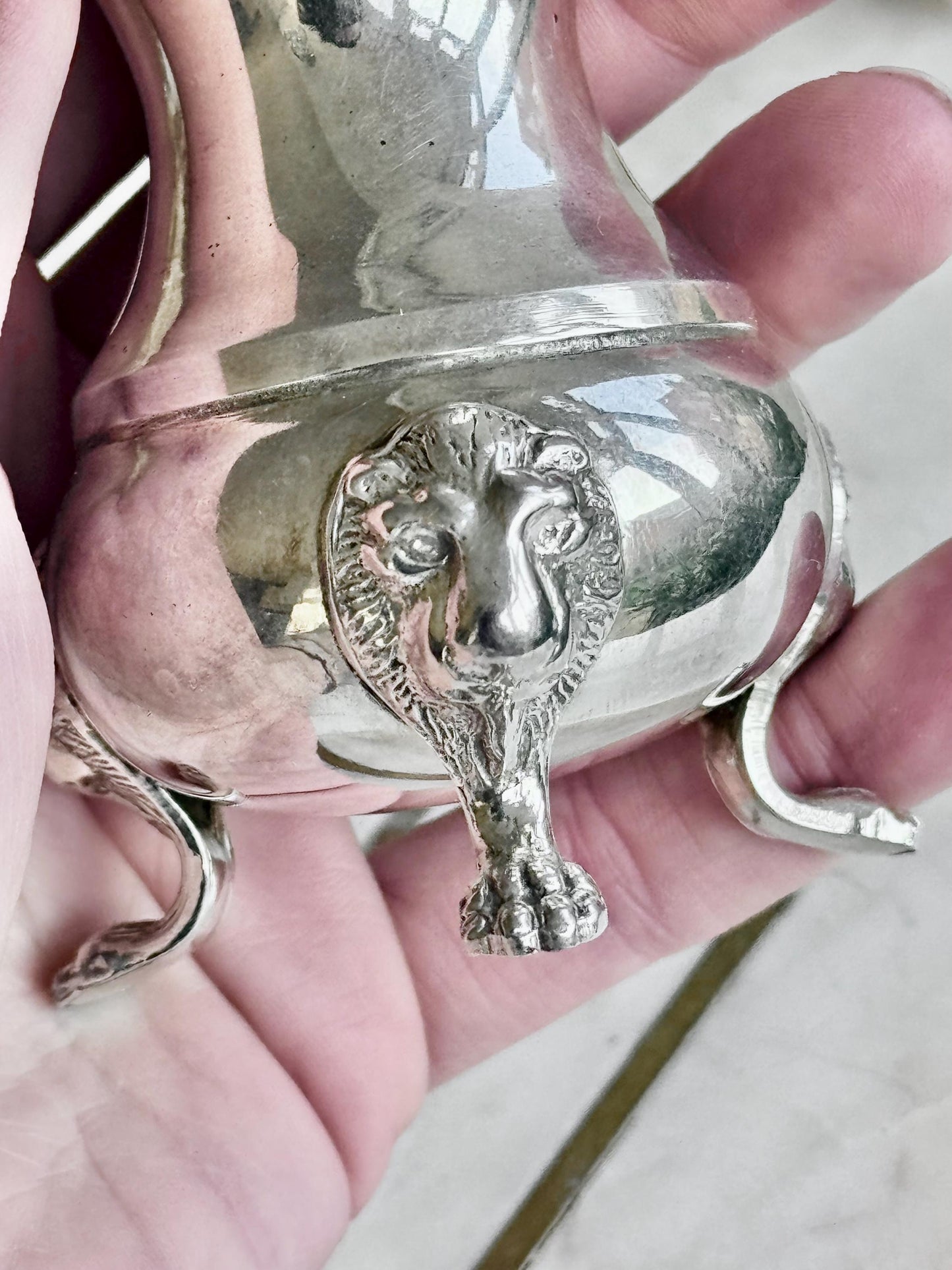Antique Victorian Silver-Plated Salt Cellar with Cobalt Glass Liner and Matching Ornate Pepper Shaker on Lion Paw Feet Henry Wilkinson & Co