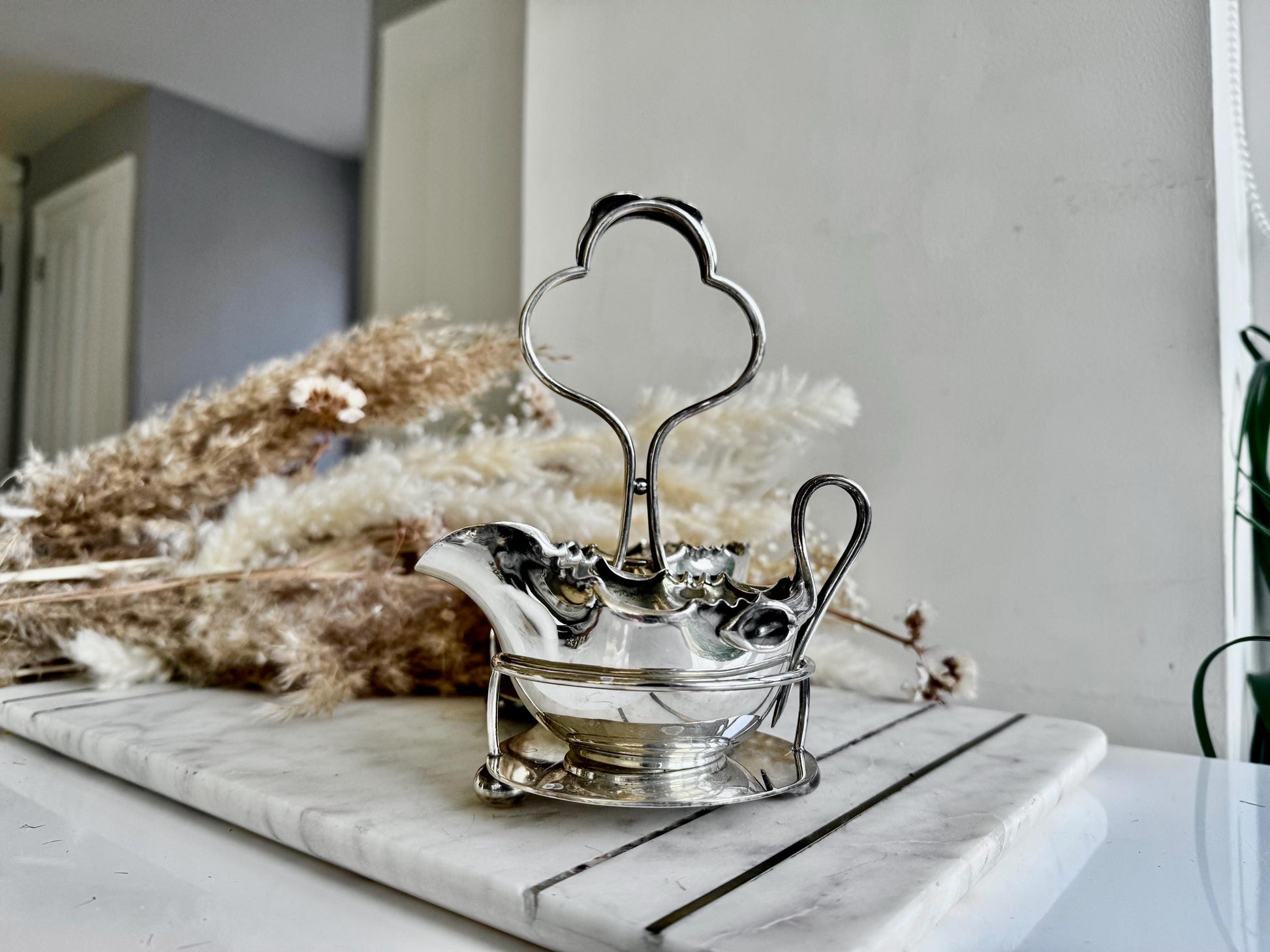 Exquisite Antique R&W Sorley Silver Plated Double Sauce Server with Stand – Glasgow, UK, c. 1900