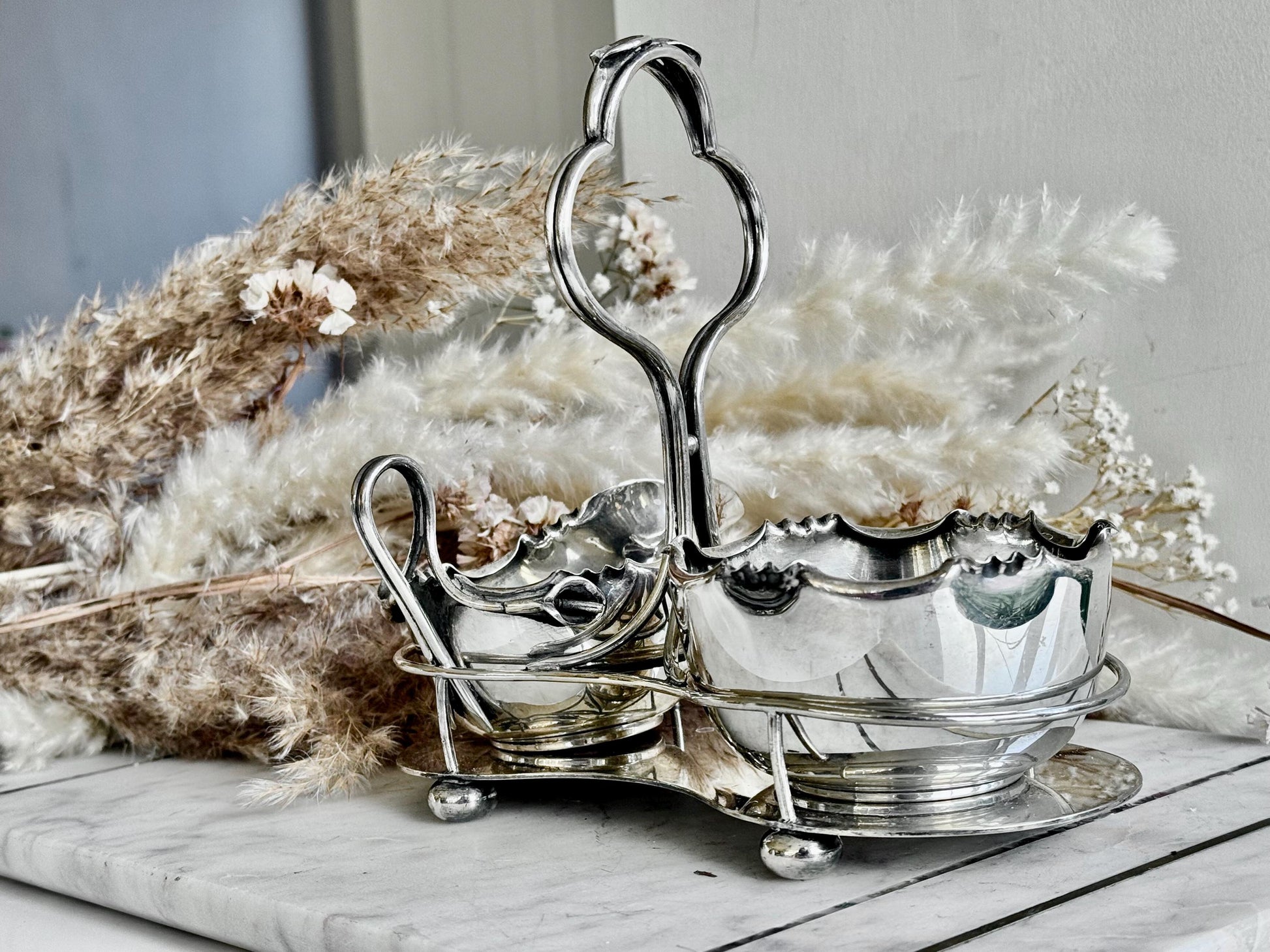 Exquisite Antique R&W Sorley Silver Plated Double Sauce Server with Stand – Glasgow, UK, c. 1900
