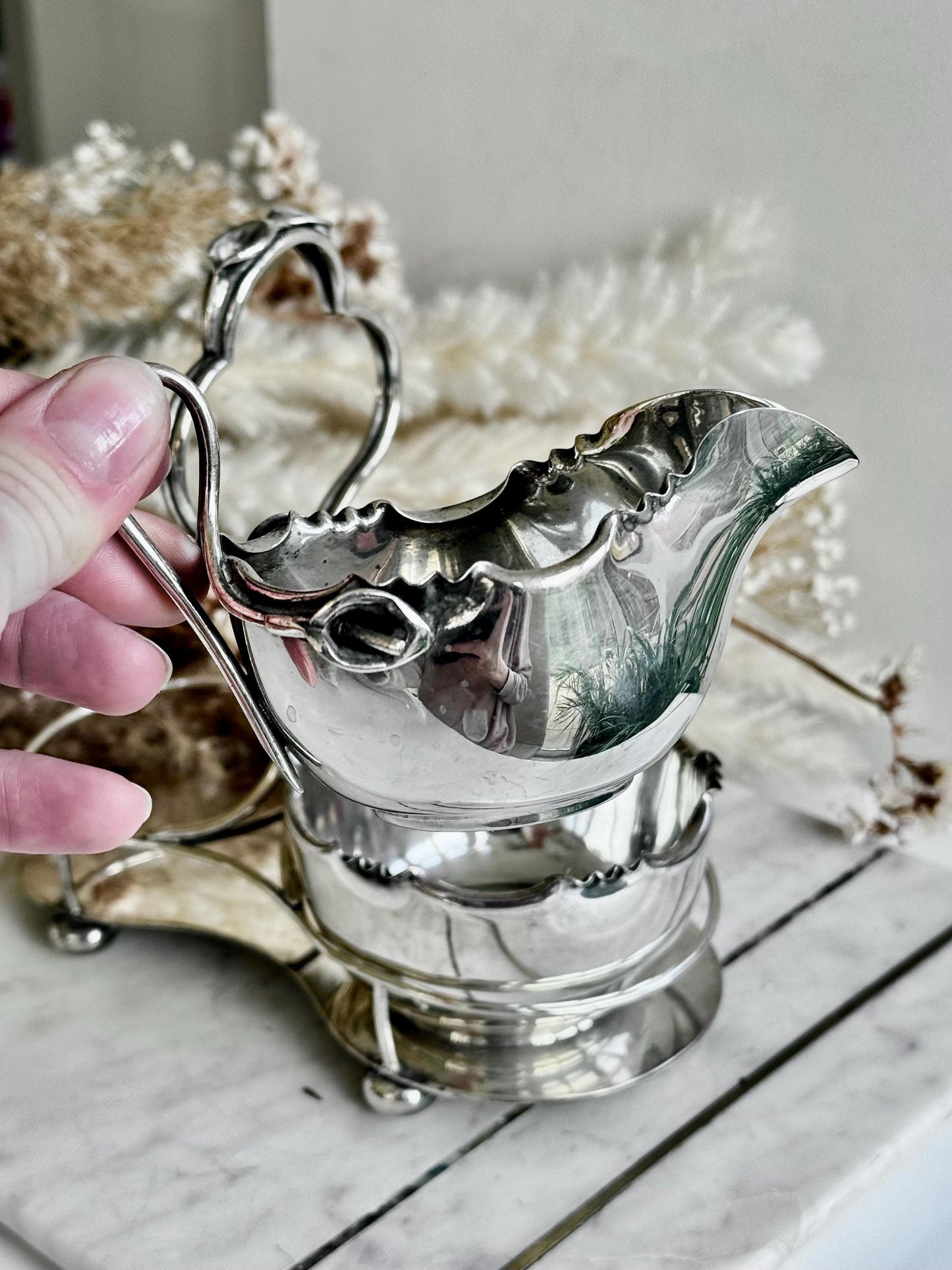 Exquisite Antique R&W Sorley Silver Plated Double Sauce Server with Stand – Glasgow, UK, c. 1900