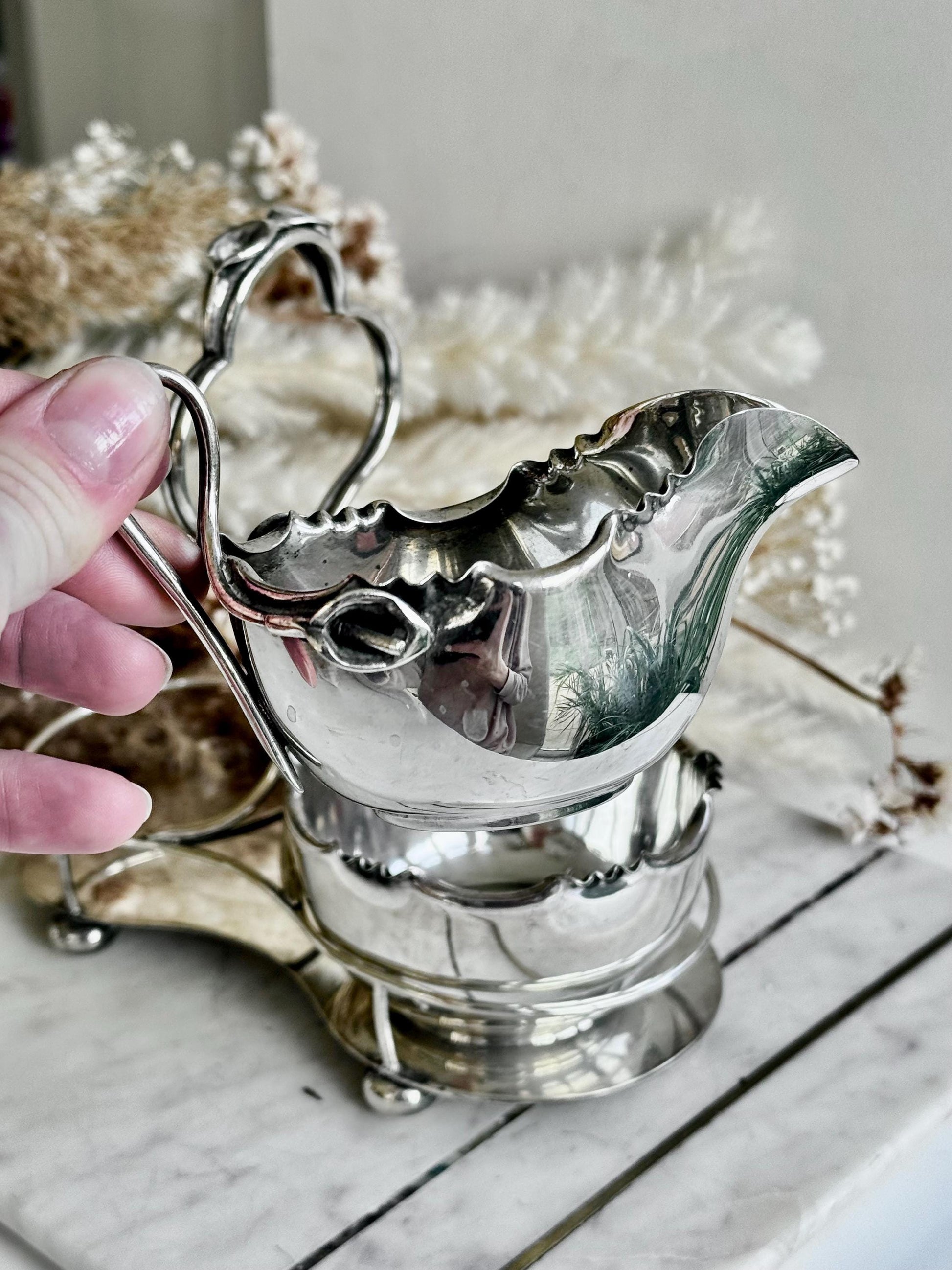 Exquisite Antique R&W Sorley Silver Plated Double Sauce Server with Stand – Glasgow, UK, c. 1900