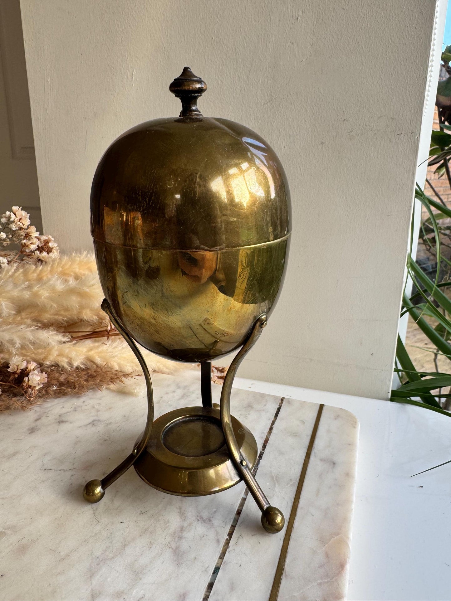 Victorian Brass Egg Coddler with Stand and Burner, Likely British, Late 19th to Early 20th Century