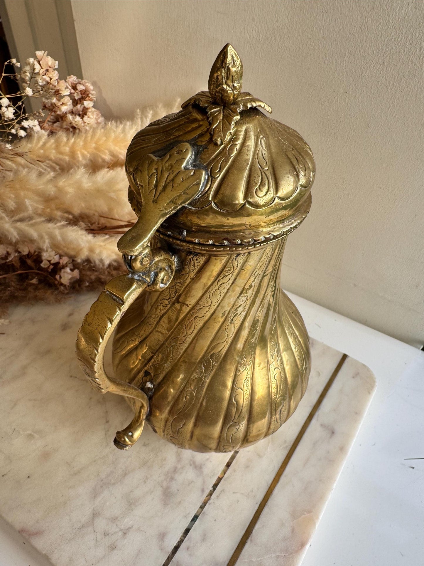 Antique Victorian Brass Coffee Pot with Ornate Engravings, Fluted Body, and Decorative Finial