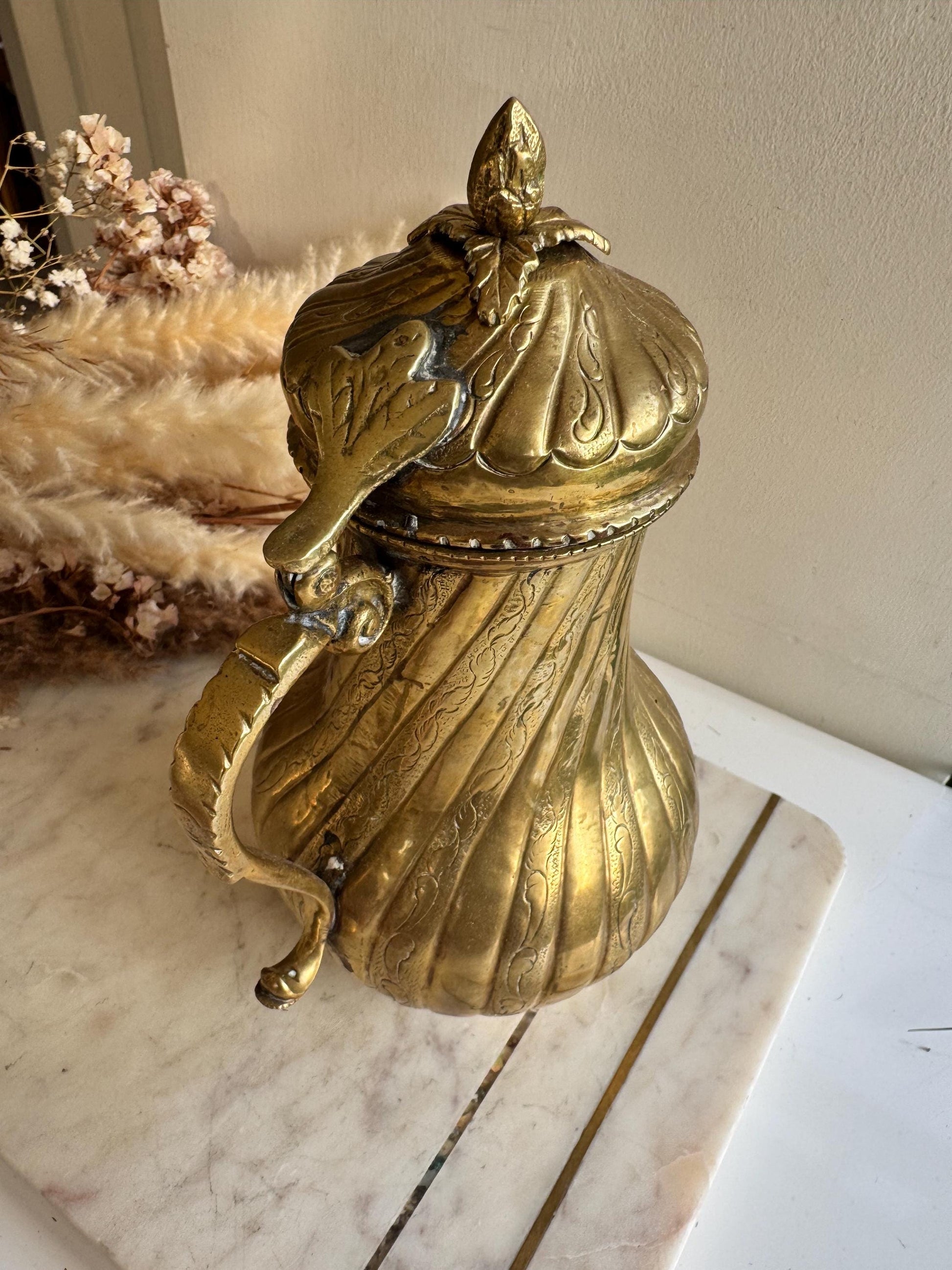Antique Victorian Brass Coffee Pot with Ornate Engravings, Fluted Body, and Decorative Finial