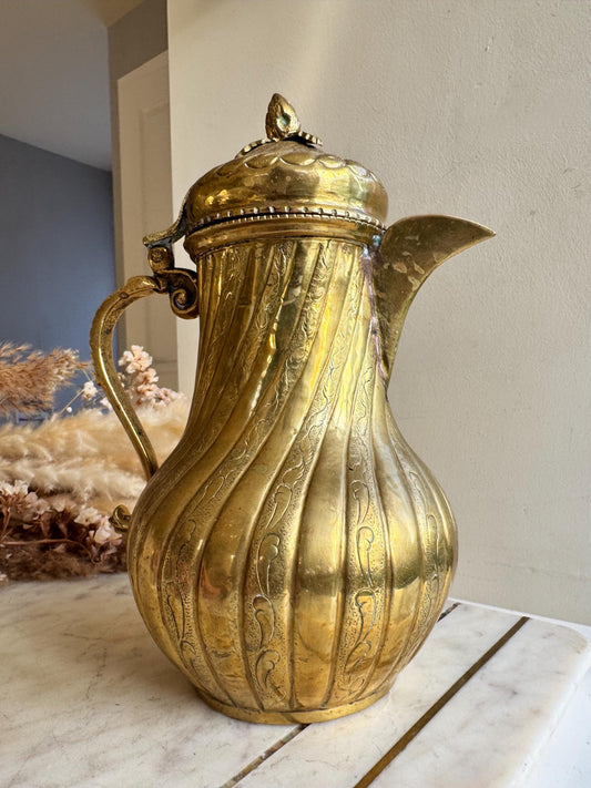 Antique Victorian Brass Coffee Pot with Ornate Engravings, Fluted Body, and Decorative Finial