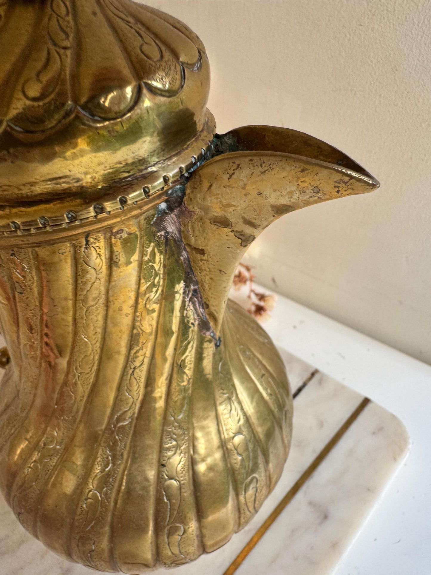 Antique Victorian Brass Coffee Pot with Ornate Engravings, Fluted Body, and Decorative Finial