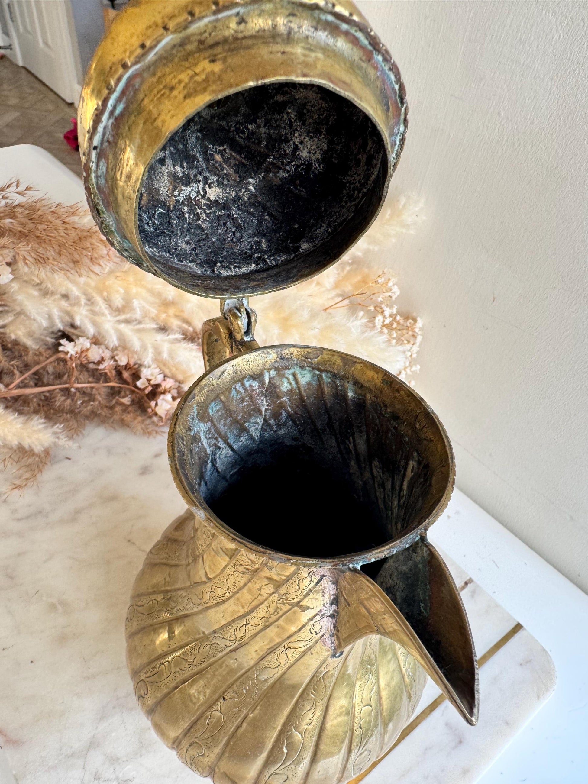 Antique Victorian Brass Coffee Pot with Ornate Engravings, Fluted Body, and Decorative Finial