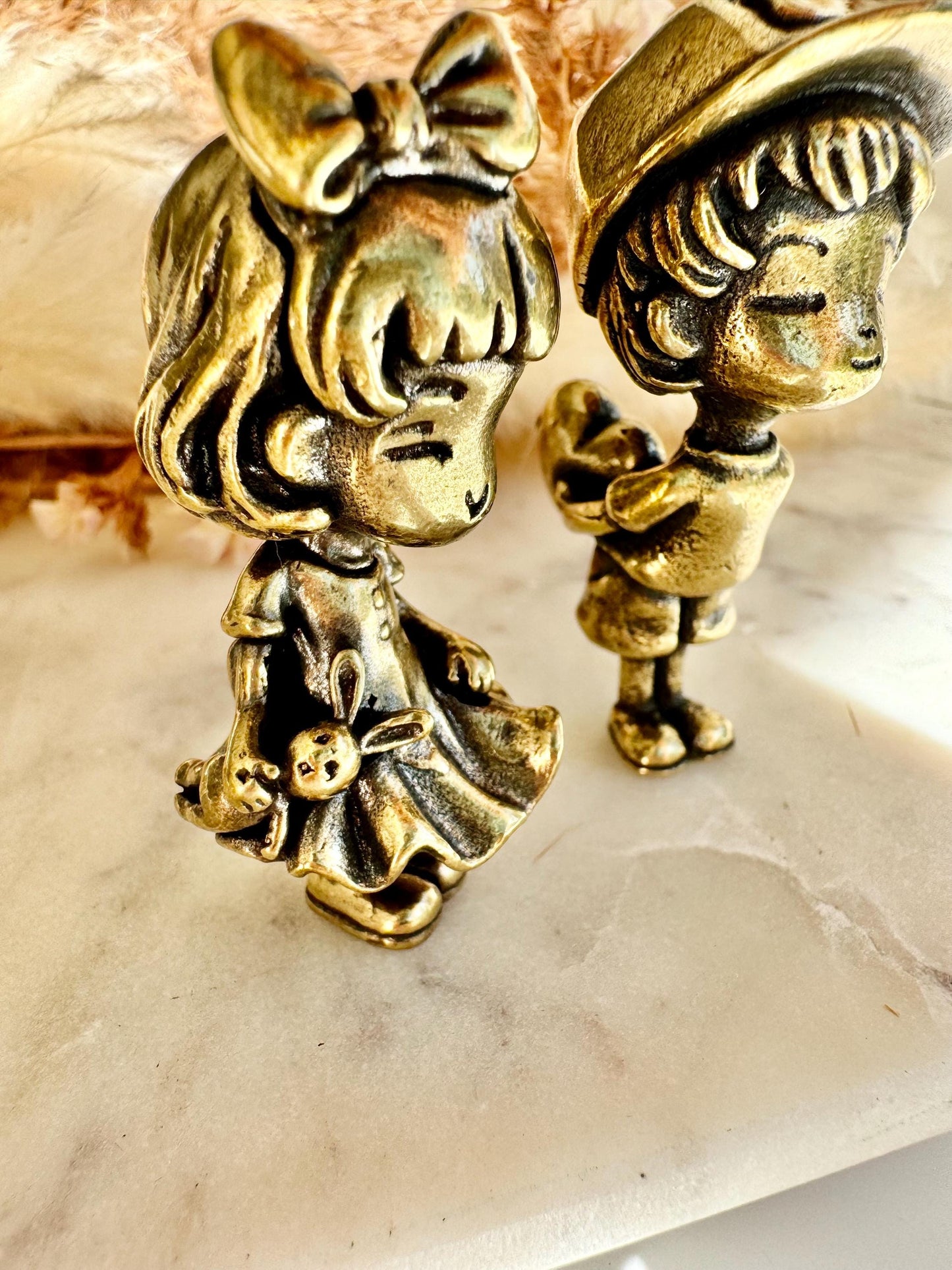 Timeless Love – Brass Figurine Set of a Boy Offering His Heart & a Shy Girl with a Bow, Sweet Couple Sculpture